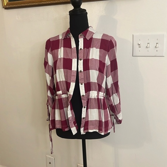 Cato Block Style Top W/Ruched Tie Sleeves, Button Down, Ruched Waist, Sz. M. - Picture 2 of 10